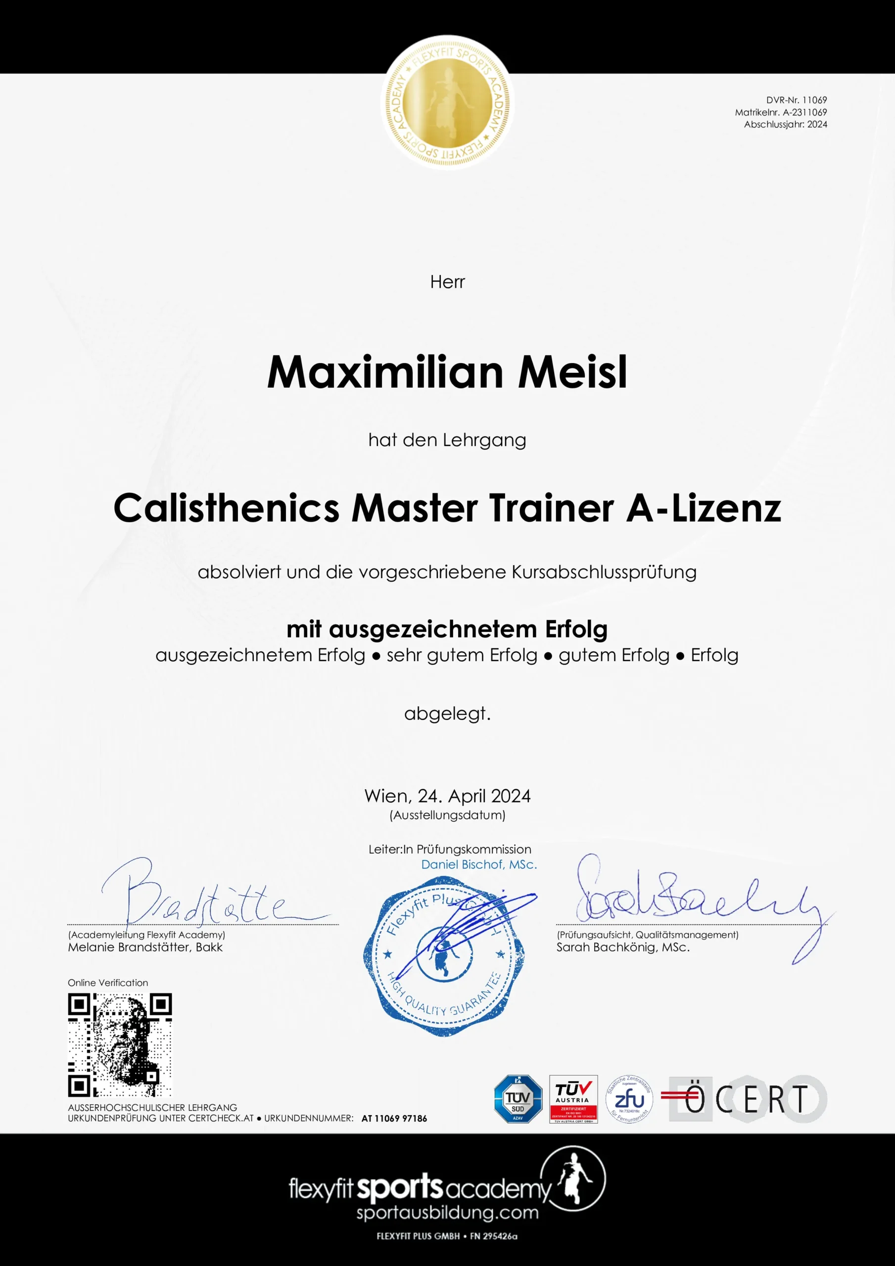 Maximilian Meisl WebDiplom Calisthenics Master Trainer A-Lizenz